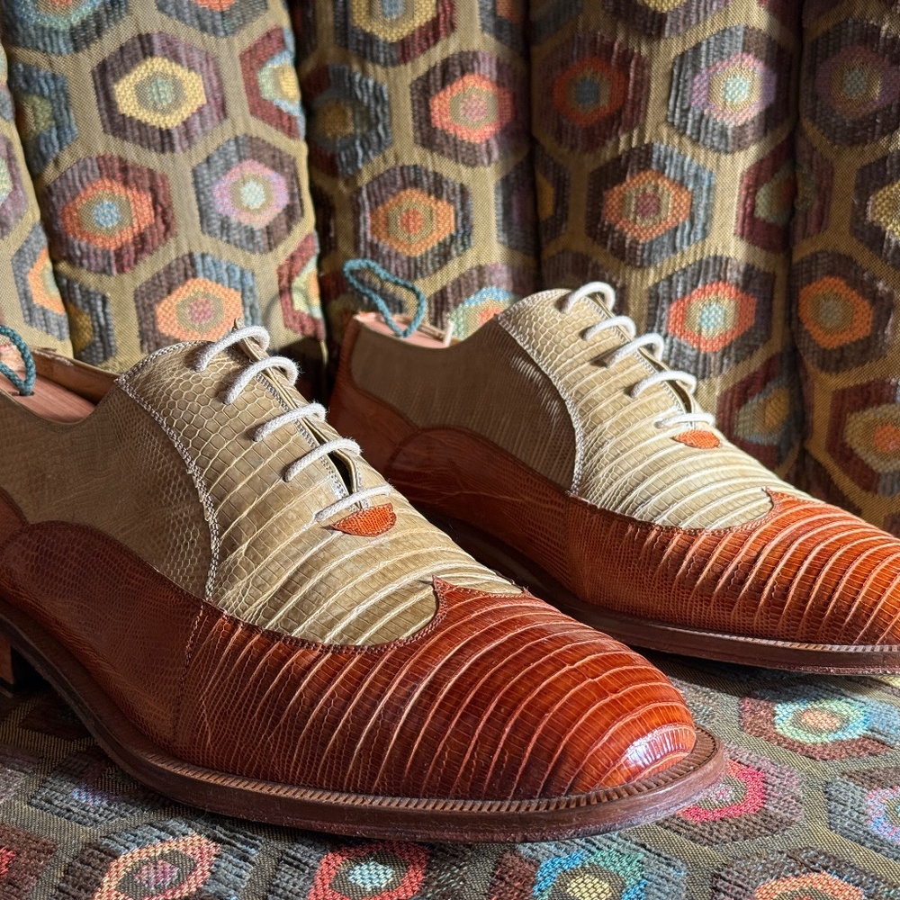 David Eden Teju lizard "TWIST" spectators men's 9 caramel/bone + box, bag, trees